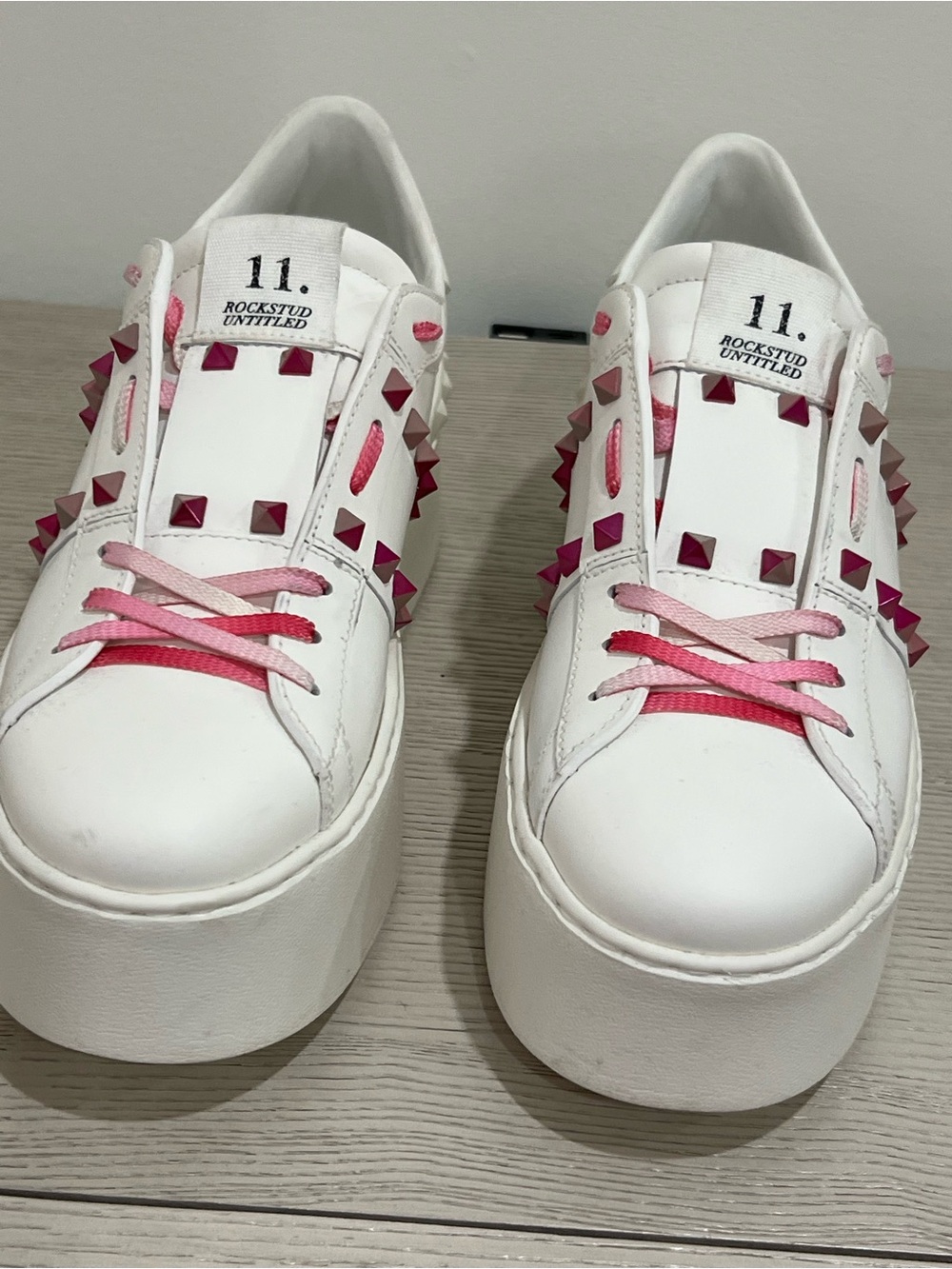 Valentino Garavani White Platform Sneakers with Pink Stud Accents